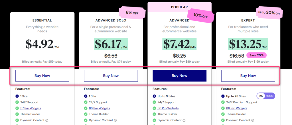 エレメンターのプラン一覧